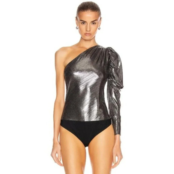 ALIX NYC Dakota Lamé One-Shoulder Silver Metallic Bodysuit-sz Small - Picture 3 of 15